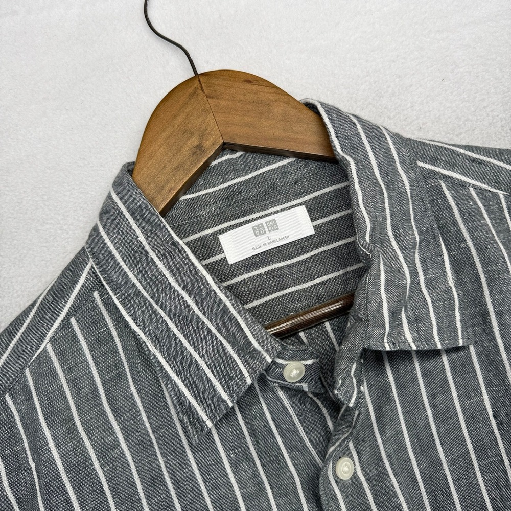 Uniqlo Shirt Mens Large Gray White Striped Premium Linen Long Sleeve Casual Ivy